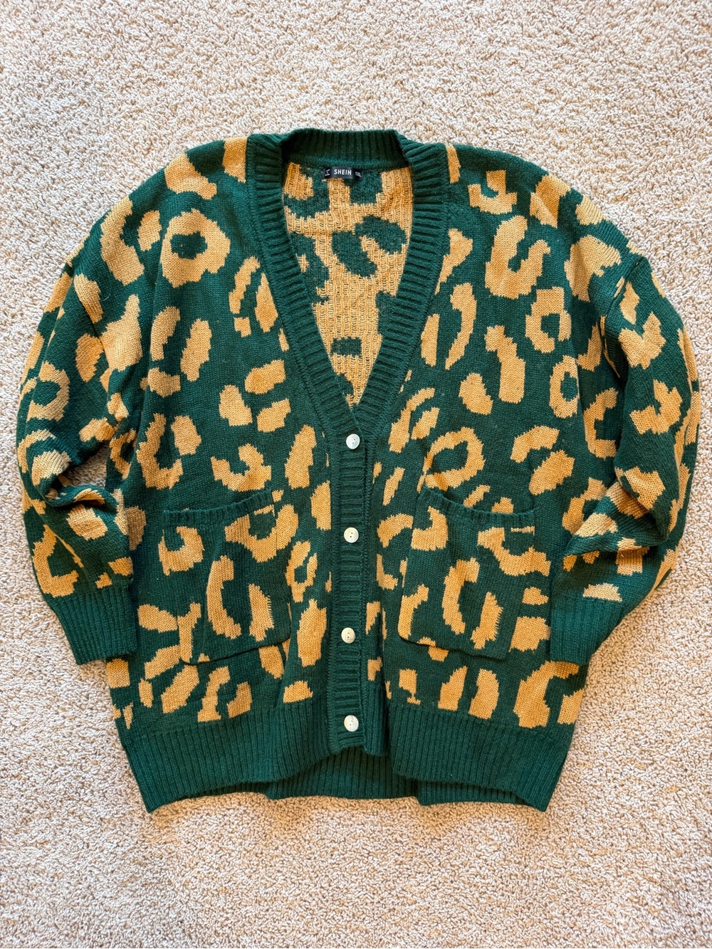 SHEIN Green and Mustard Leopard Print Button-Up Cardigan